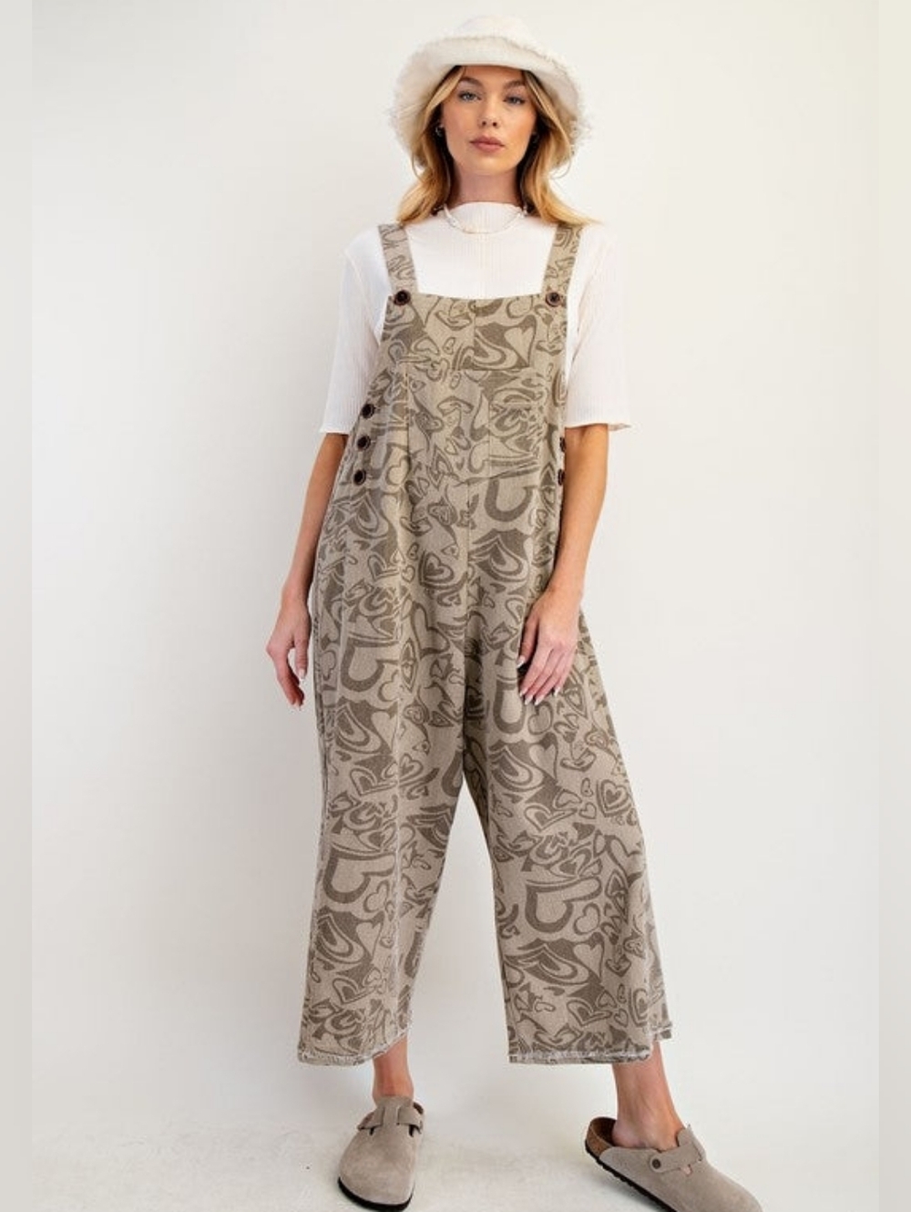 easel Olive Abstract-Print Wide Leg Overalls. NWOT Size Small - Picture 5 of 14